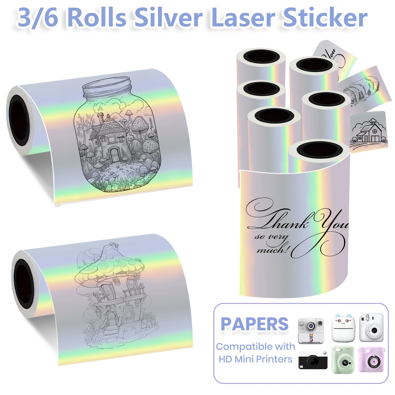 

3/6 Rolls 57mm Silvery Holographic Thermal Stickers Instant Printers, Glitter Labels/Thank You Cards/Projects/Holiday Gifts