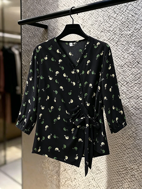 

plus Size Women's Fashion Simple Swan Print Open Cardigan Shirt Slimming Waist Design Summer New Style V-Neck Seven Sleeve Le...