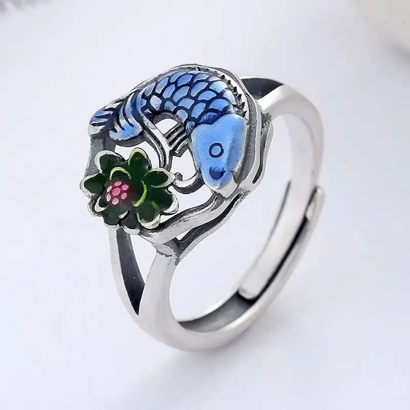 YS S925 Sterling Silver Ring Vintage Burnt Blue Drop Glue Colorful Ethnic Lucky Carp Lotus Tassel Open Ring