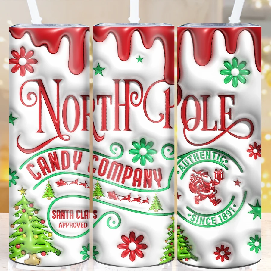 

1Pc Print 3D North Pole Tumbler Straw Lid 20oz Party Christmas Festive Tumblers Stainless Steel Portable Outdoor Travel Cups