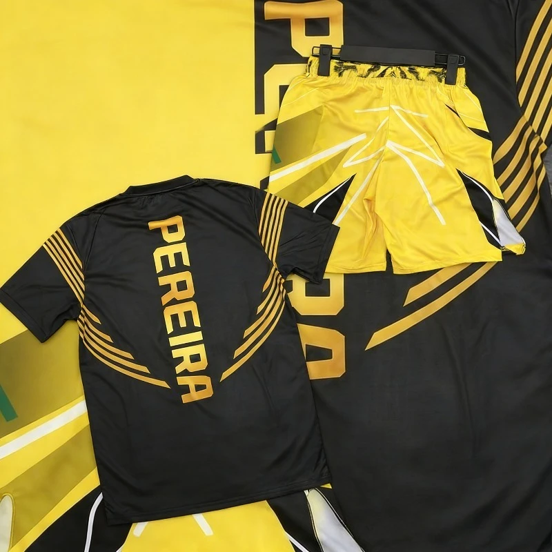 

25-26 Charles Oliveira UFC Yellow Edition Boxing Fighting Tee Shorts Men Breathable Jersey Wrestling Running Sweat Absorbing Set