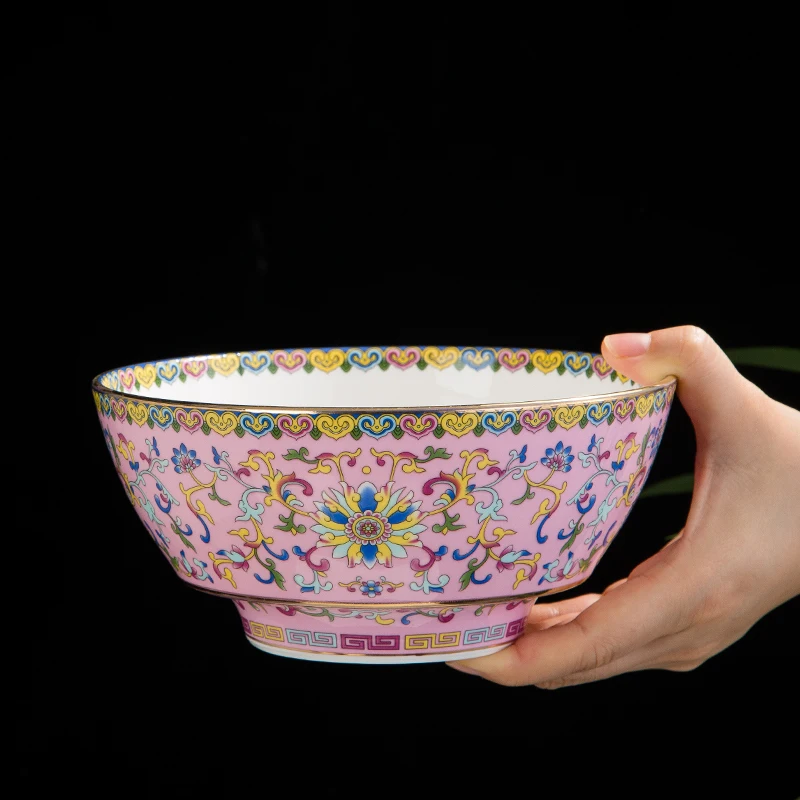 Jingdezhen Ceramic Tableware Enamel Color 7 inch Noodle Bowl Chinese Noodles High Feet Anti Scalding Soaking Noodle Bowl