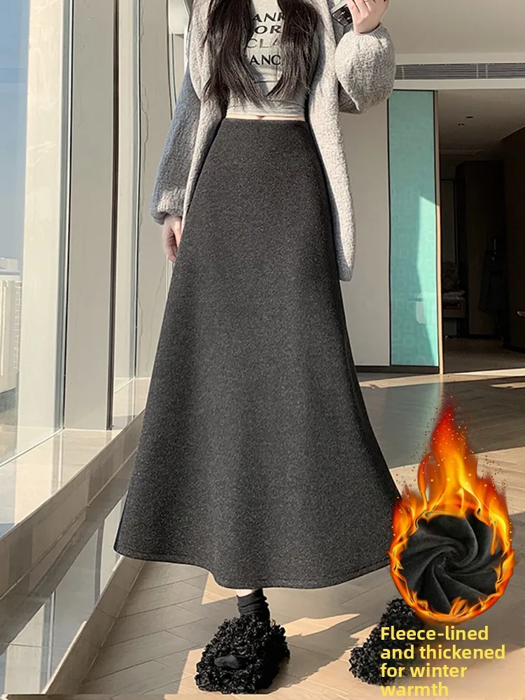 

Корейская женская шерстяная юбка-трапеция с высокой талией, на флисовой подкладке, свободного кроя, универсальная, для делового и повседневного стиля