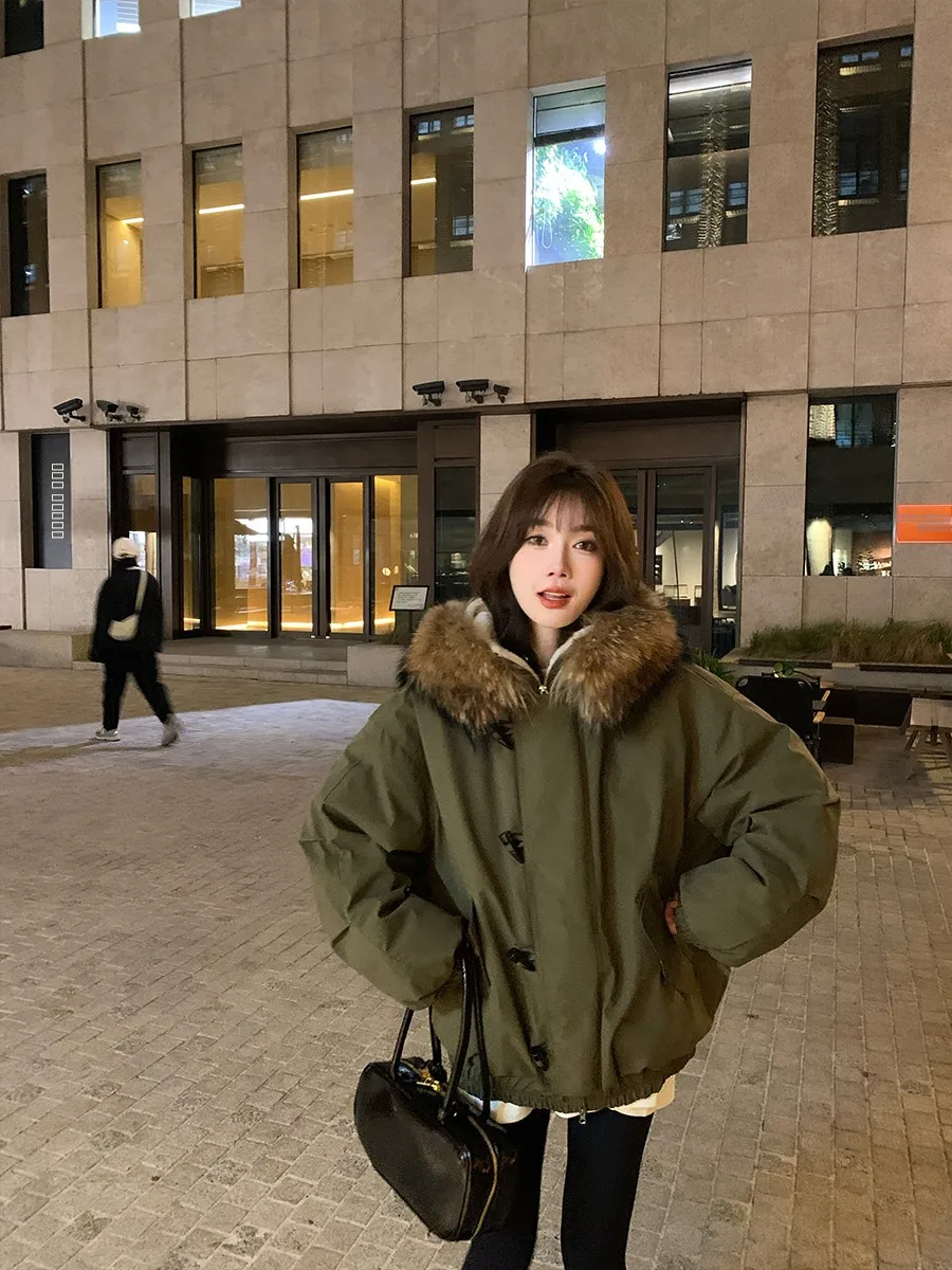 

x Stevens Ultra-Thi Du down Jaet Women's Winter Coat with Large Fur Collar And Horn Buttons Hooded Straight Cut