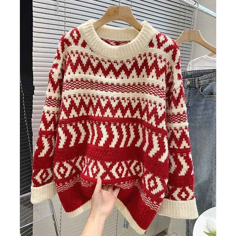 2023 New Autumn and Winter Fashion Simple Round Neck Jacquard Laydown Sweater Vintage Loose Relaxed Women\'s Outerwear Sweater