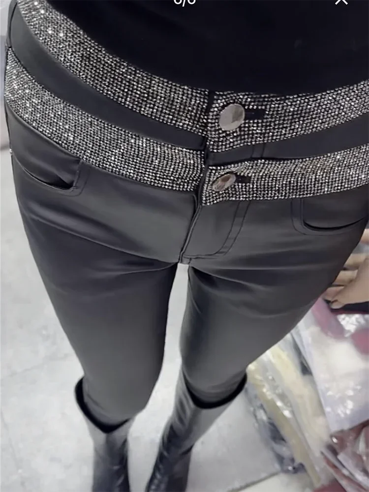 

New Thickened High Waist Heavy Industry Diamond Versatile Slim Fit Small Feet Pants Women's Coated Leather Pants XT964