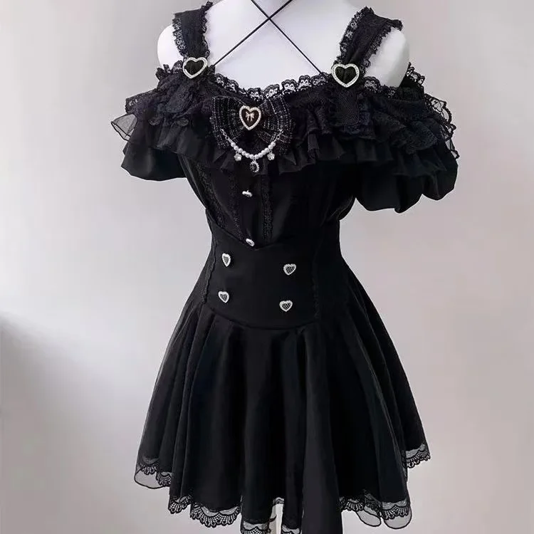 Tenue Vintage japonaise pour femmes, robe Camisole rétro en dentelle, ensemble Cardigan noir, Design Chic, mignon et élégant, nouvelle mode 2025