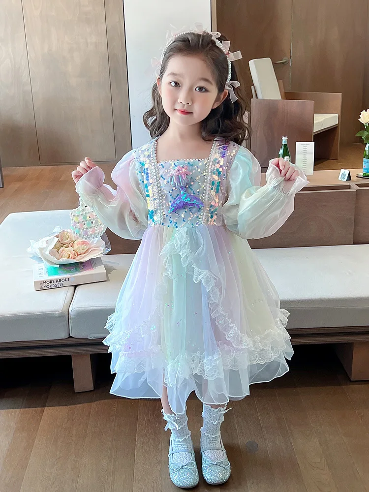 

2025 весенне-осеннее новое стильное платье принцессы с пайетками и пайетками для девочек