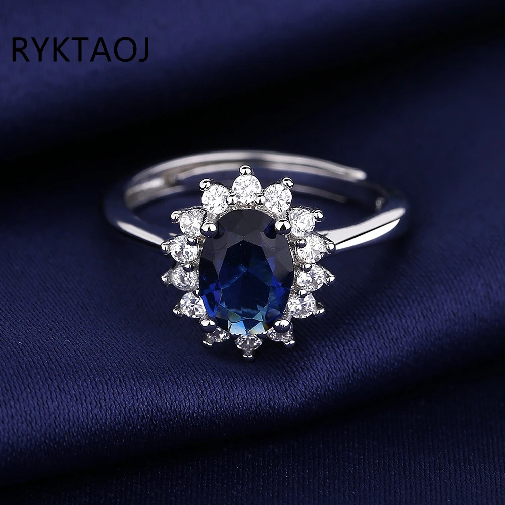925 Sterling Silver Oval Halo Ring for Women Adjustable Open Band Blue Gemstone Promise Wedding Fine Jewelry Gift