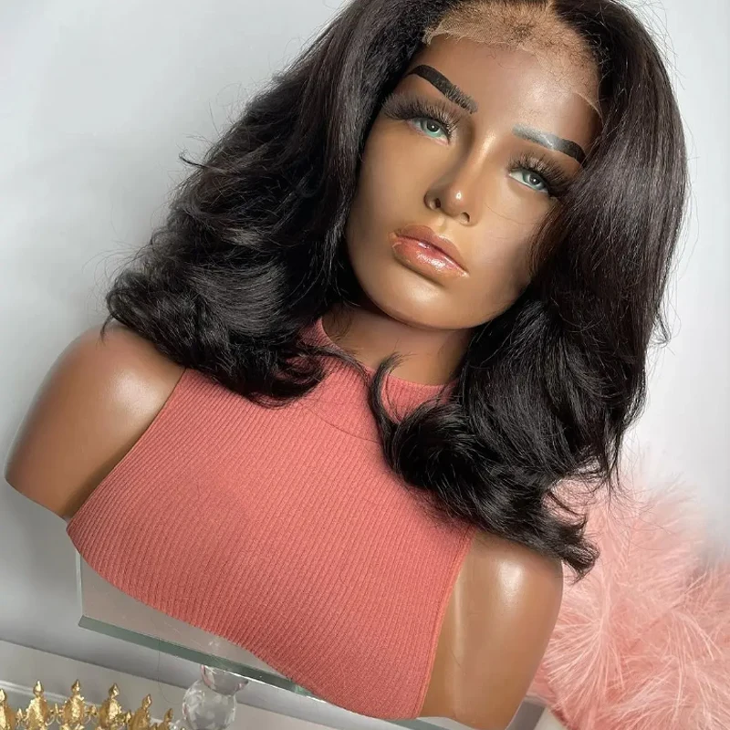 Preplucked Kinky Straight Wavy Yaki Wave Glueless Short Bob Natural Black Lace Front Wig Synthetic Baby hair Heat Resistant