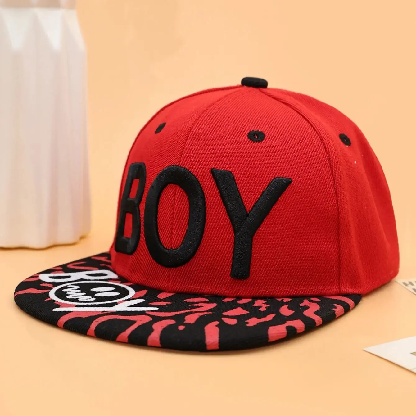 1Pc children\'s cartoon smiley face hip-hop style baseball cap outdoor flat brim BOY embroidered flat brim hat