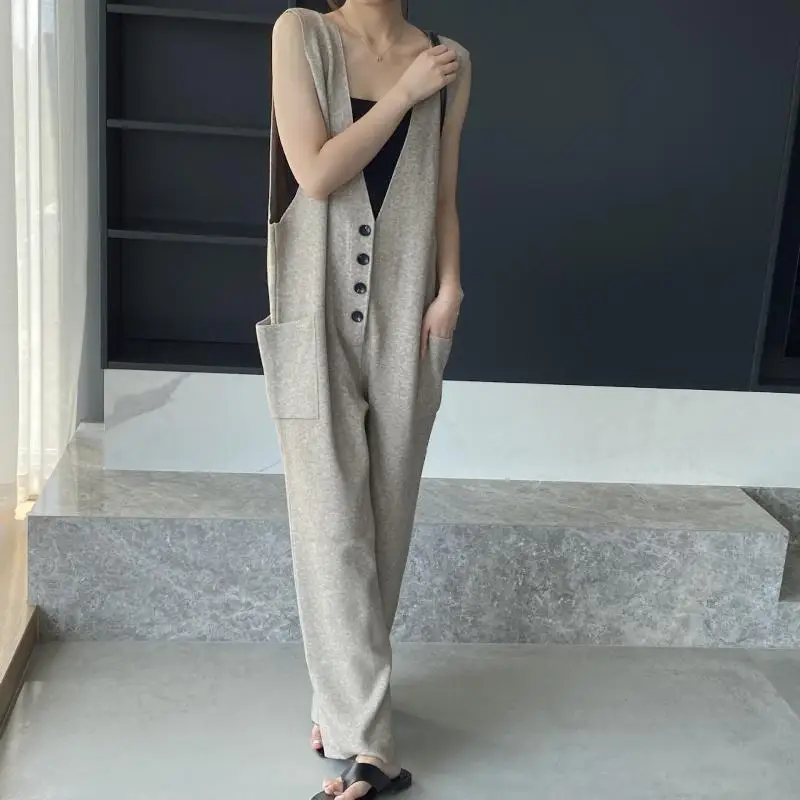 YUERWANG Women Jumpsuit 2025 Spring Fashion All Match Deep V Neck Sleeveless Single Breasted Solid Loose Casual Long Jumpsuits