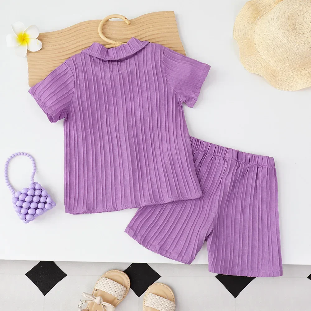 Purple Casual Pit Tie Lapel Short Sleeved Shirt+shorts Two-piece Set for Boys and Girls Aged 3-7 Summer Promotion