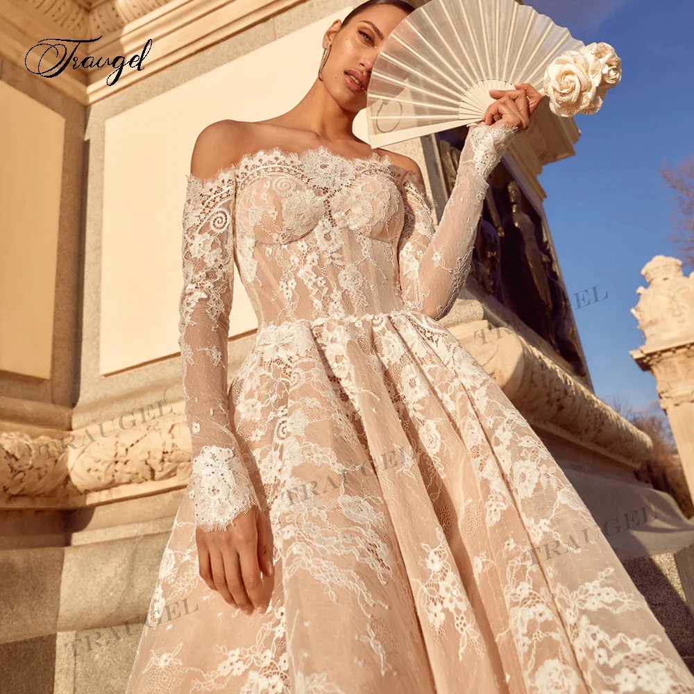 Customized Romantic Long Sleeve Lace Vintage Wedding Dresses Sexy Backless Sweep Train Strapless Robe De Mariee image 3