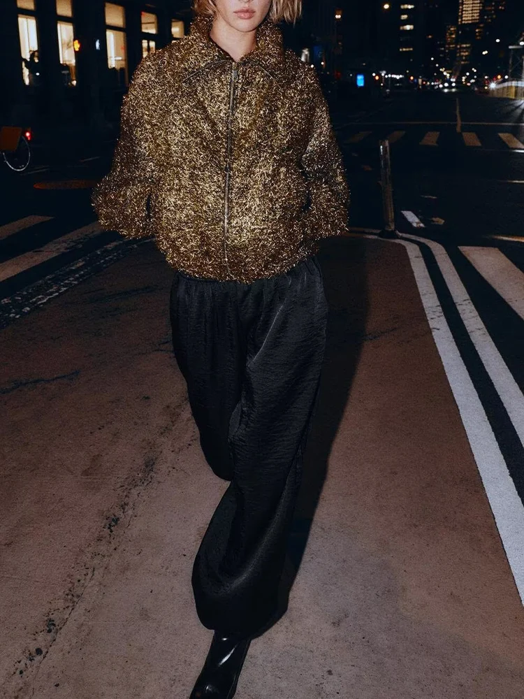 

Зимние новые поступления в европейском и американском стиле 2025 года, женская одежда, универсальная куртка-бомбер с металлической нитью