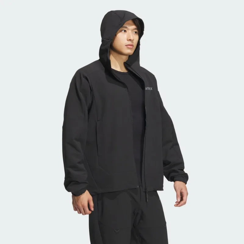 Black Adidas Woven Athletic Outfit Water Repellent Zip Hood Coat Elastic Cuff Jogging Pants Daily Sport One Set JE8282 + KA8350