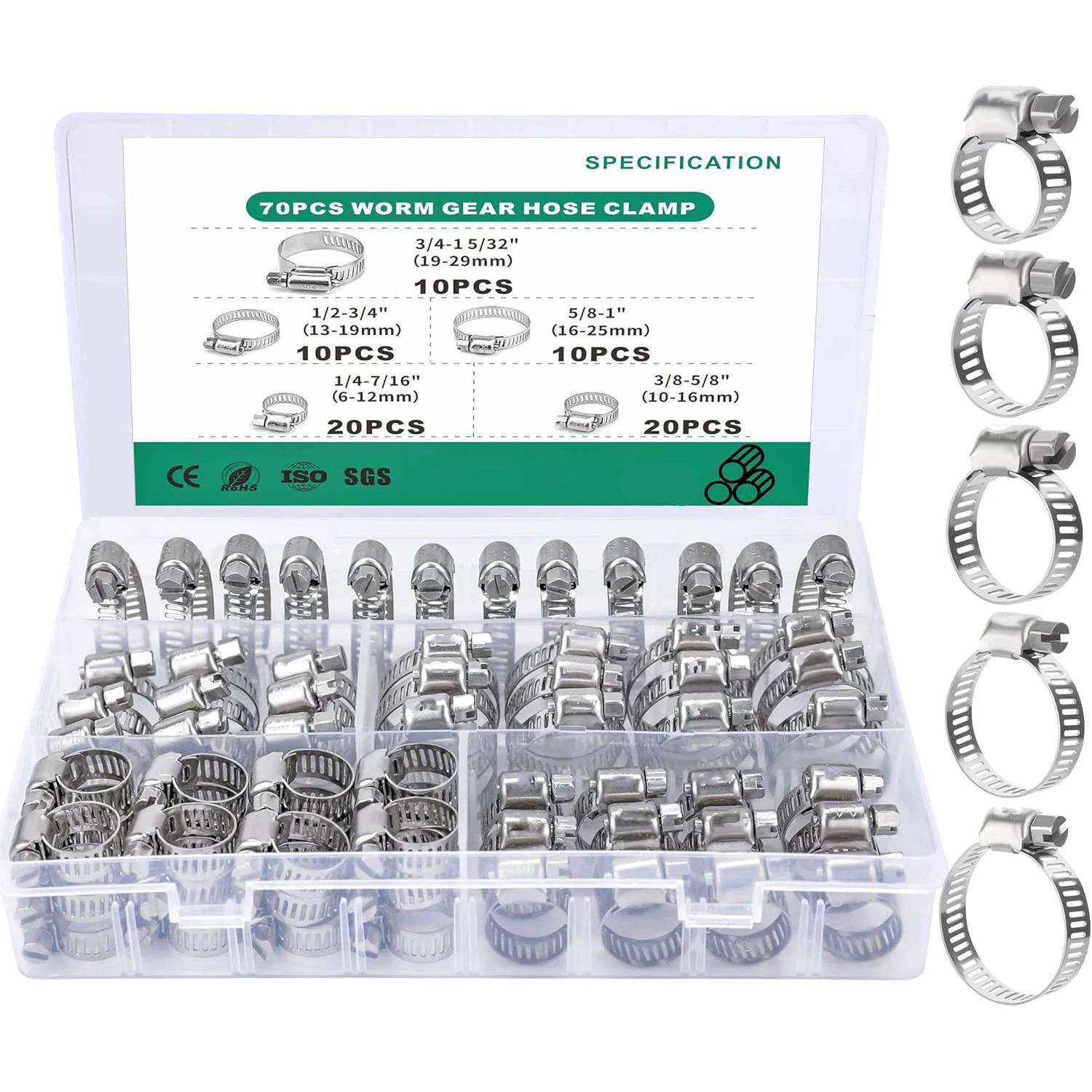 70pcs 6-29mm Adjustable Stainless Steel Screw Band Hose Clamps Car Fuel Hose Clamps Pipe Clamp Worm Gear Clip Hose Clamp
