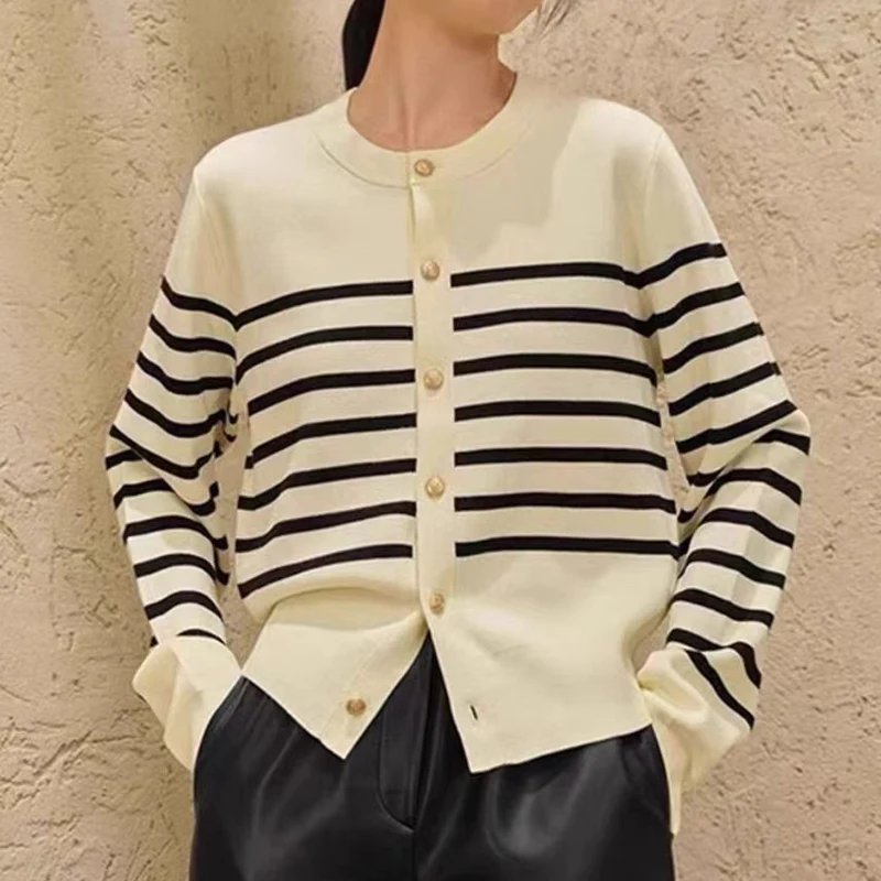 Simple Striped Knitted Cardigan for Women 2024 Autumn New Retro Button Cardigan Sweater for Outerwears Casual Sueters De Mujer