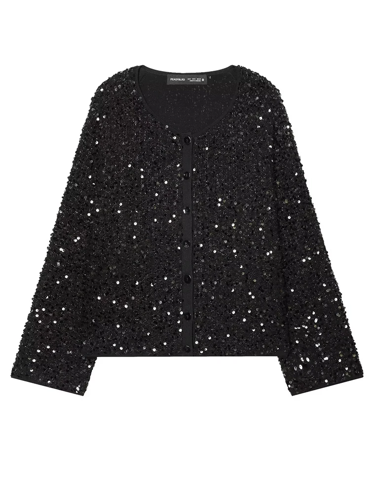 

Women Leisure Sequin Decorative Jacket 2025 Fall Winter New Solid Color Long SleeveO-Neck Coat Female Chic Button Outerwear