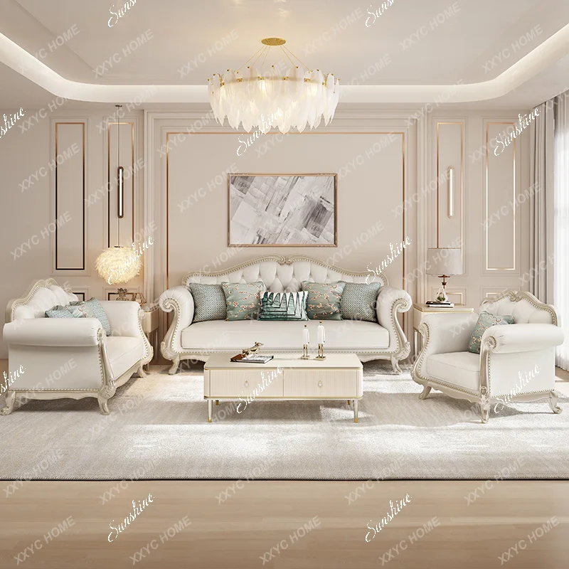 

MLight luxury leather sofa small apartment living room solid wood sofa