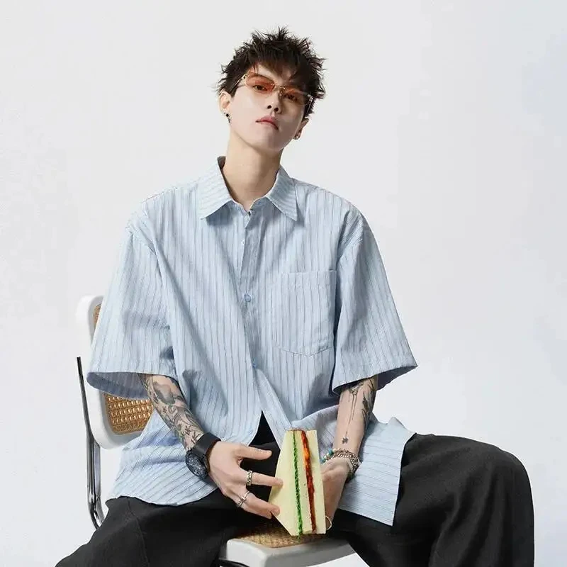 Minimalist Men's Striped Shirt Oversized Fit Short Sleeve Button Down Casual Commute Premium Cotton Blouse