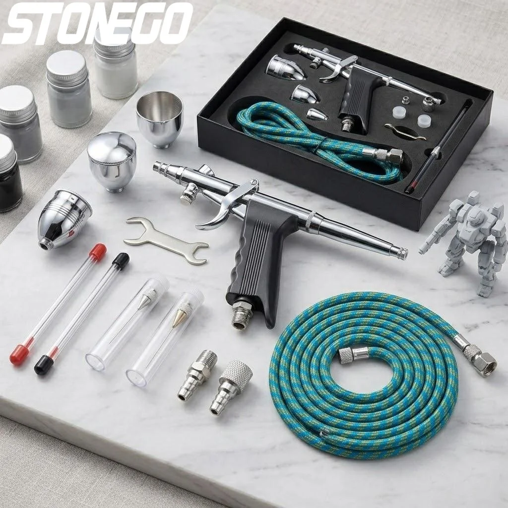 

Набор для аэрографии: двухрежимный распылитель, иглы 0,3, 0,5, 0,8 мм, колбы 2, 5, 13 мл, инструмент для маникюра, декора тортов, тату-арта