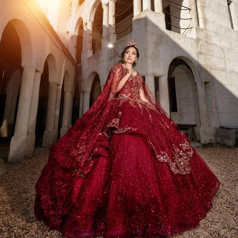 Luxury Red Shiny Ball Gown Quinceanera Dresses Appliques Lace Beads With Cape Formal Prom Graduation Gowns Lace Up Sweet 15 16