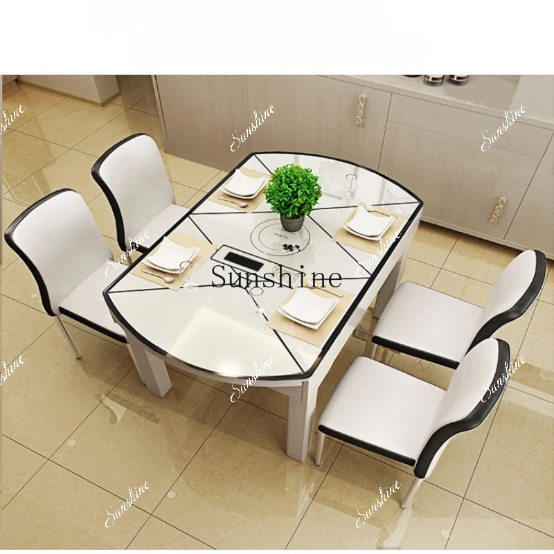 Dining table and chair combination Modern minimalist, retractable solid wood, round, folding tempered glassM