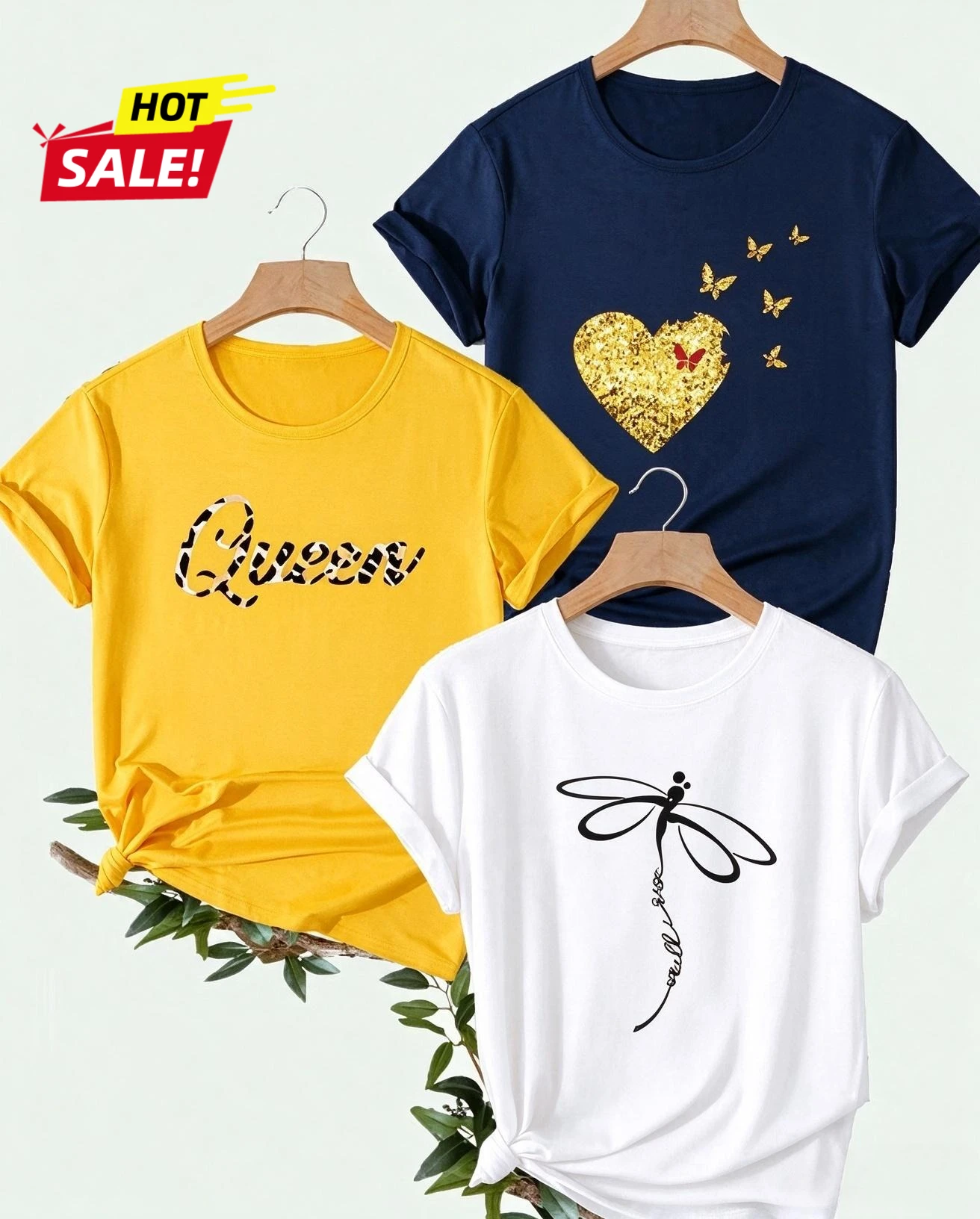 3 Pack Graphic T Shirts Women Leopard Queen Tee Glitter Heart Butterfly Printed Shirt Multi Pack Casual Short Sleeve Tops