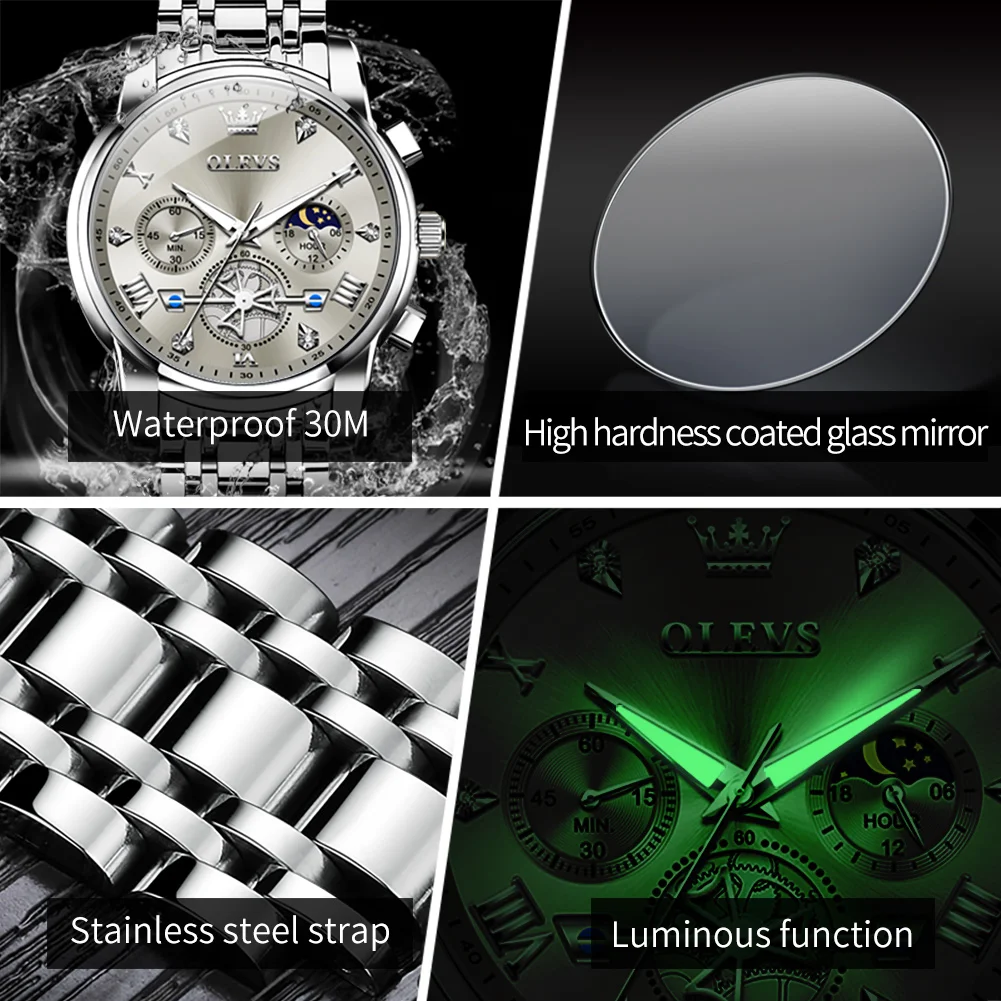 Relojes OLEVS para hombre, reloj de cuarzo Tourbillon de lujo de primeras marcas para hombre, relojes de pulsera cronógrafo de moda resistentes al agua de acero inoxidable