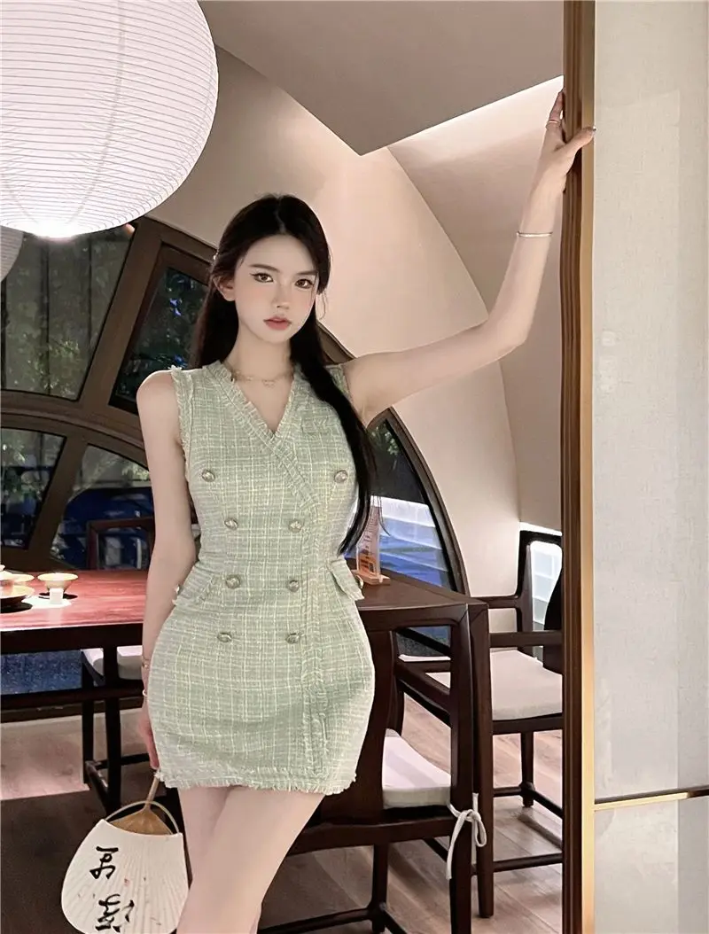 Vestido de verano de lana informal con cuello en V y borlas, sin mangas, doble botonadura, cintura alta, moda coreana, elegante, para fiesta