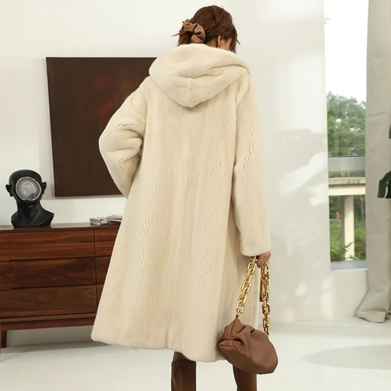 Fall / Winter Dopamine Mink Coat 2025 New Loose Hooded Over The Knee Mid-length Ermine Fur Coat for Women High Appearance Level