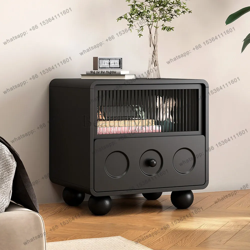 Black minimalist solid wood bedside table, simple and modern, light luxury luxury high-end bedside table
