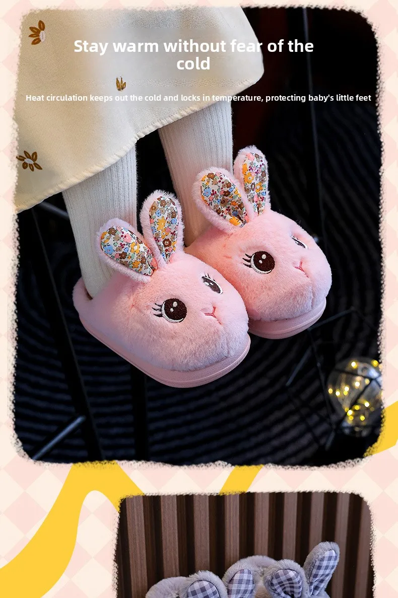 Kinderschuhe, Mädchen-Fellhausschuhe, rutschfeste, warme Hausschuhe, modische, farblich abgestimmte Baumwollhausschuhe, Hausschuhe für Herbst und Winter mit dicker Sohle. – Detail 4