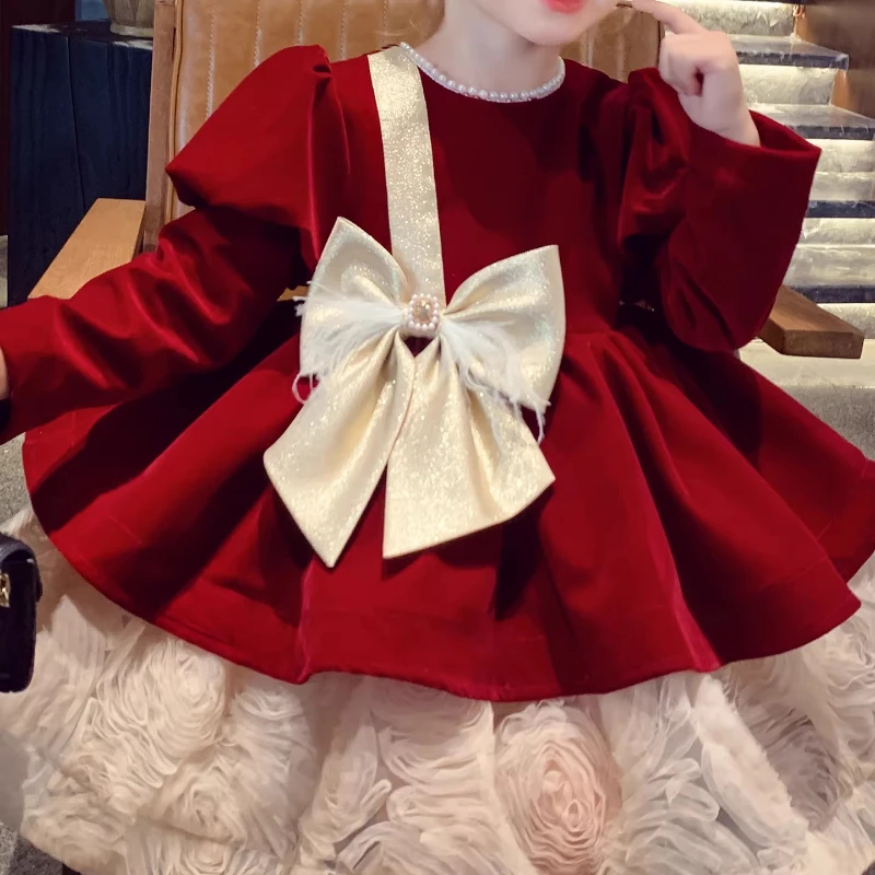 

Girls Princess Dress New French Style Velvet Gown Bow Tutu Party Costume Children Pageant Formal Attire Elegant Outfit Winter