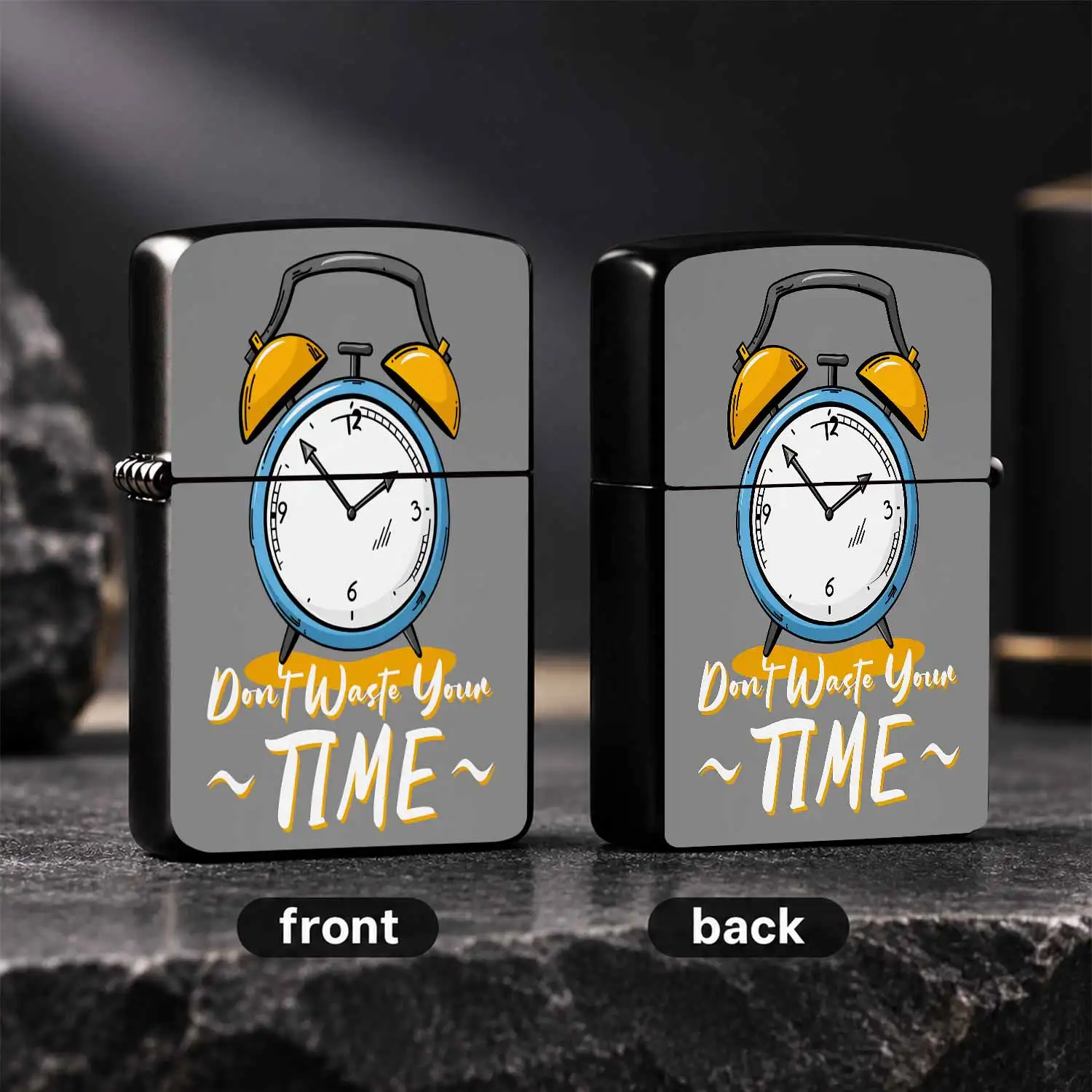 Creative Hand-Painted Alarm Clock Themed Lighter With Inspirational Don'T Waste Your Time Slogan Stylish Printed Portable Igniter Ideal For Daily Use Outdoor Camping Gifting To Friends Family Colleagues As Exquisite Mea A Humorous And Inter