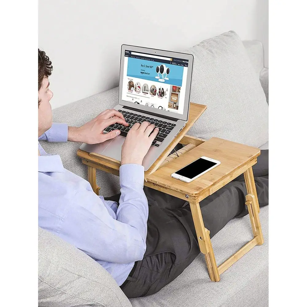 

Laptop Desk, Folding Lap Tray, Bamboo Bed Desk With Tilting Top, Small Drawer, For Home Office