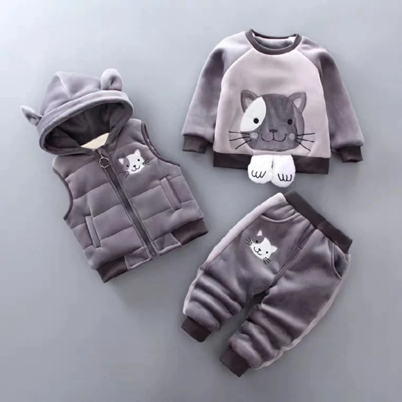 Three piece set of fluffy cats 2024 Autumn/Winter New Children Clothing Baby Big Head Bear Three Piece Set Girl Winter Clothing