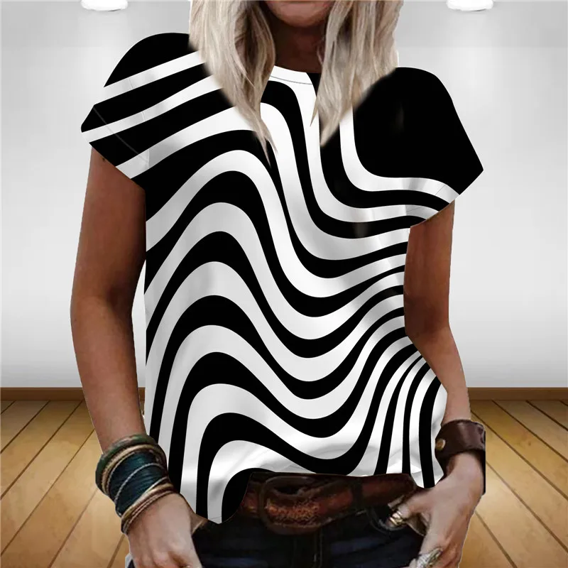 Women Summer Fashion Striped Theme T-Shirts Tops Female 3D Print Round Neck Simple T Shirt Rainbow 3D Casual Oversized Tees