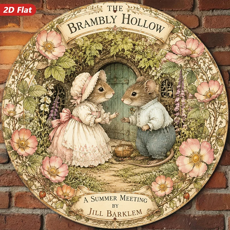 2D Flat, 1pc Woodland Mouse Garden Round Metal Sign Wall Art, Victorian Dressed Mice, Cottage Doorway Scene, Pink Wild Rose Bord