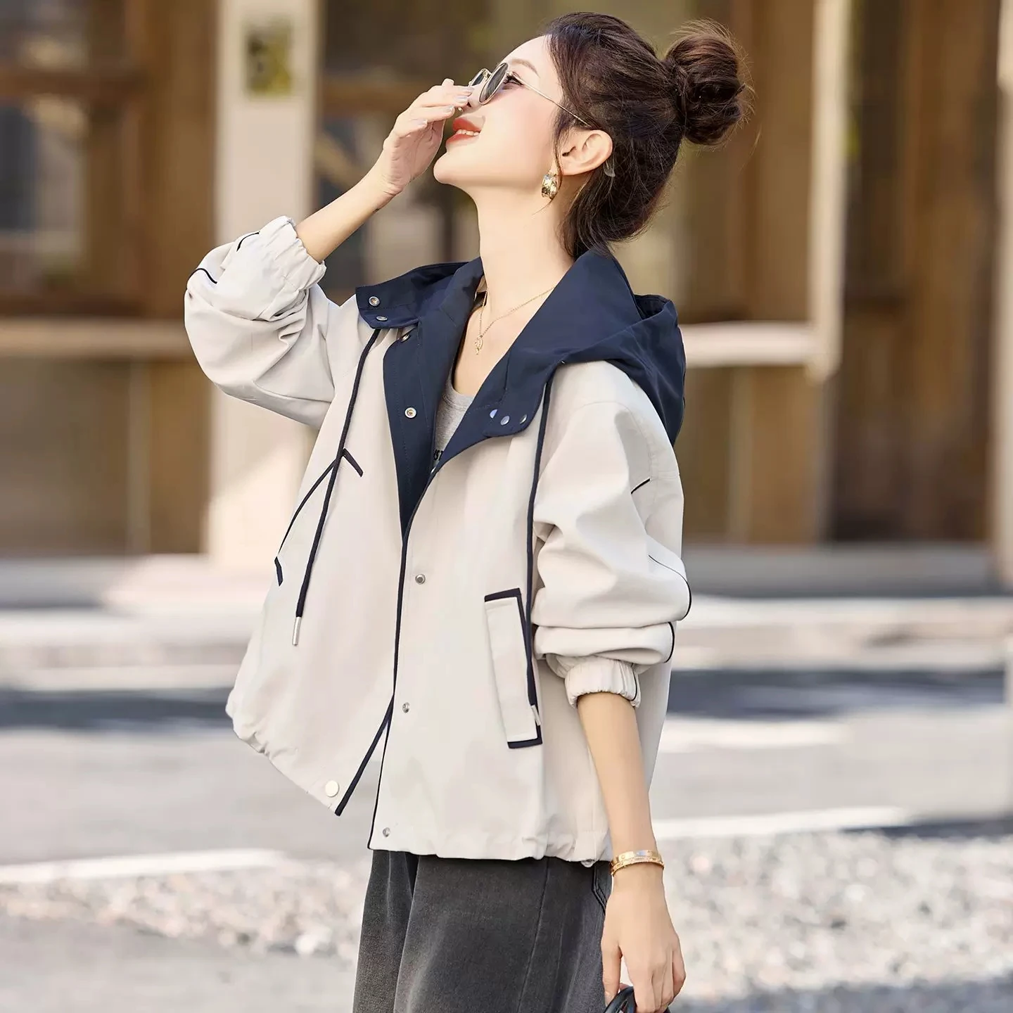 Women Color Block Hooded Windbreaker Jacket Drawstring Button‑Up Casual Short Outerwear Spring Luxury Streetwear Y2K Coat Female