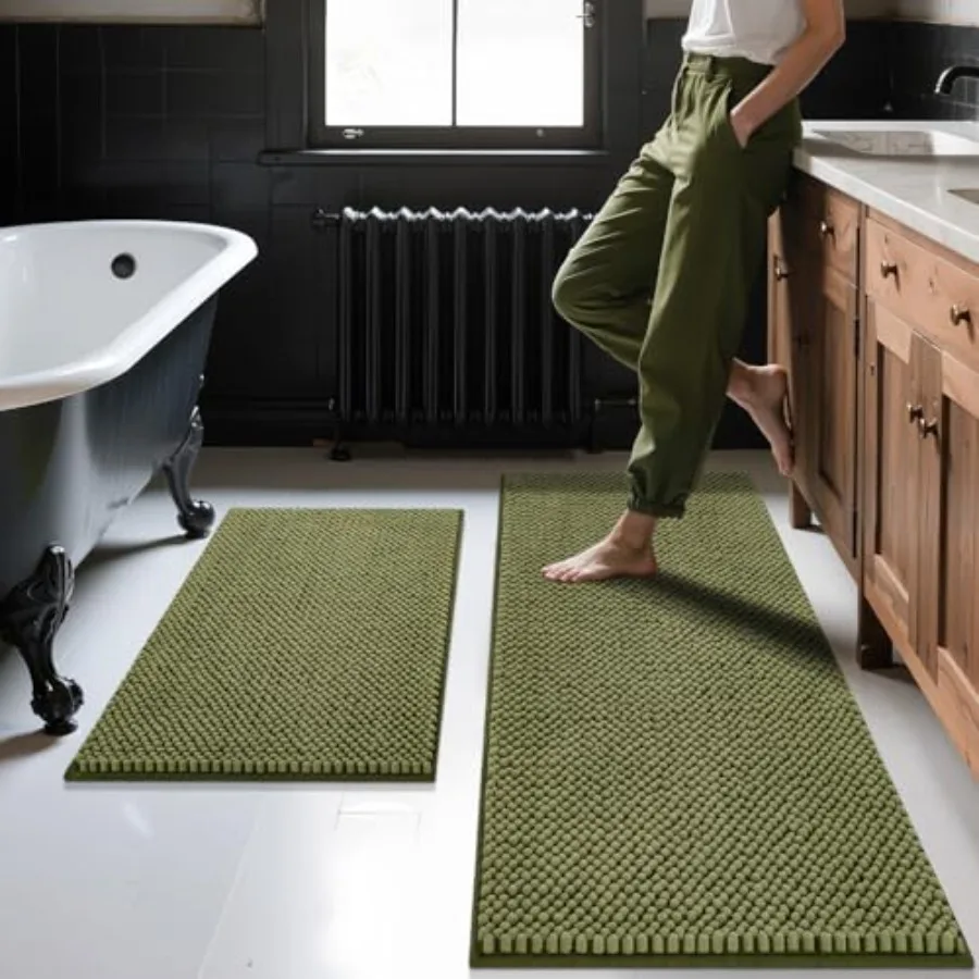 Ensemble de tapis de salle de bain 2 pièces - Tapis de bain en chenille antidérapants - Tapis de bain épais et doux absorbant de couleur sauge - Tapis de sol de douche lavable en machine - Salle de bain