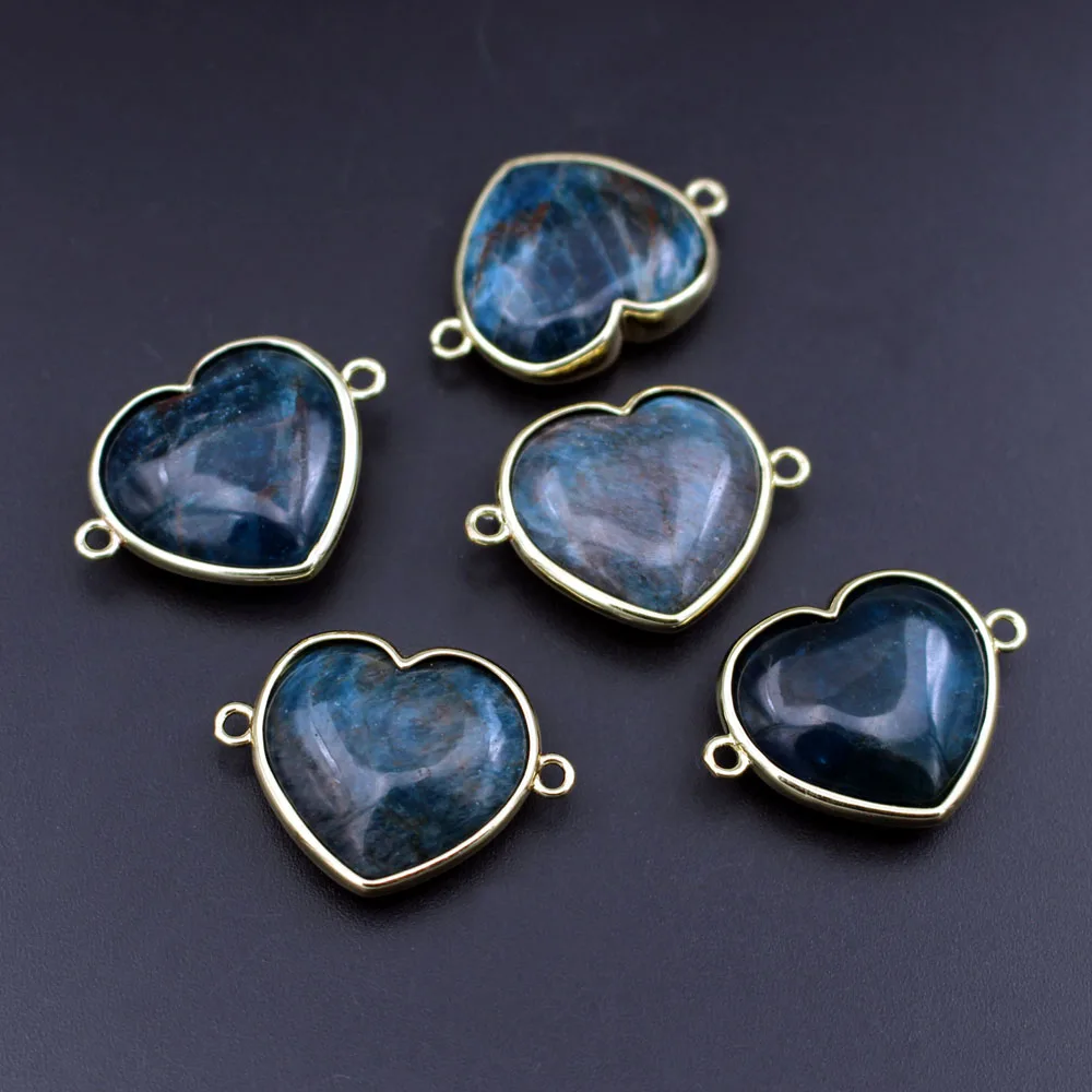 6pcs Heart Smooth Natural Blue Apatite Stone Pendant Connectors DIY for Men Women Gold Plated Chains Necklaces Making