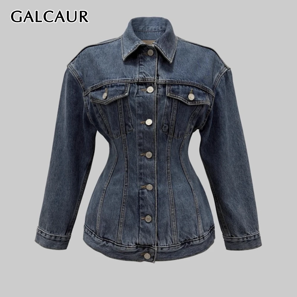 

GALCAUR Blue Spliced Pocket Chic Jacket Female Lapel Long Sleeve Slimming American Retro Women's Jackets Autumn Style Fashion