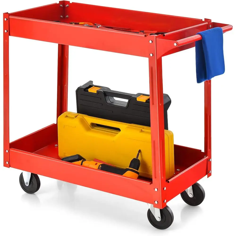 

Heavy-Duty 2-Tier Utility Cart with Handle, 220 lbs Capacity, Rolling Metal Storage for Home, Garage, and Warehouse