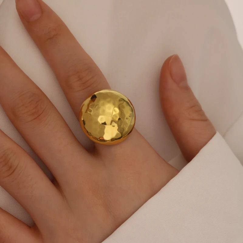 Stainless Steel 18K Chubby Disco Hammer Grain Square Ring/Earrings Personalized Gold Color Texture Waterproof Charm Jewelry