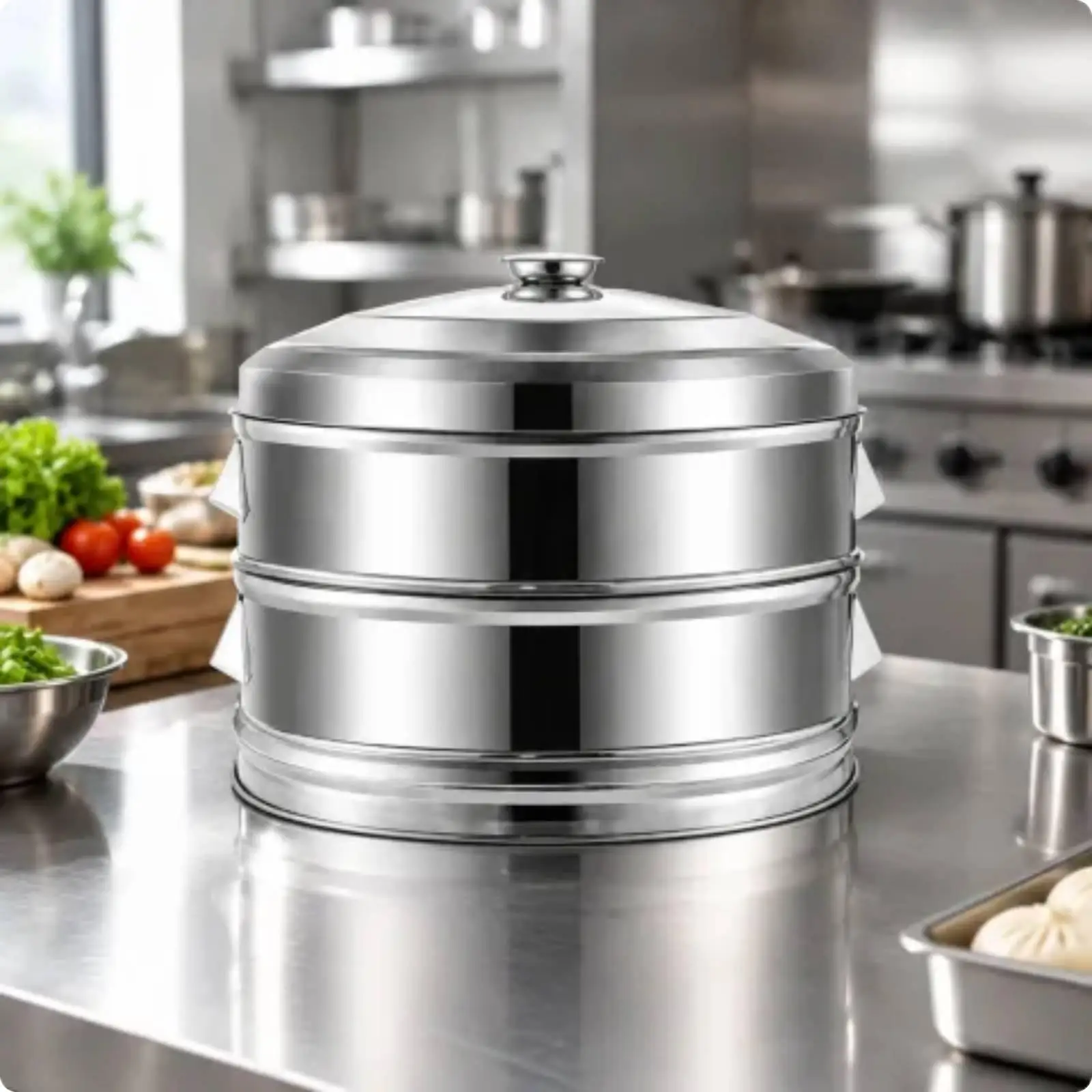 Cylindrical Stainless Steel Steamer Double Deck for Home Kitchen Commercial Use with Lid
