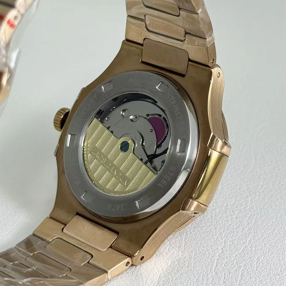 2025 حركة أوتوماتيكية صينية جديدة من الذهب الوردي للغوص متعددة الوظائف صورة الشمس والقمر ساعة ميكانيكية مربعة للرجال