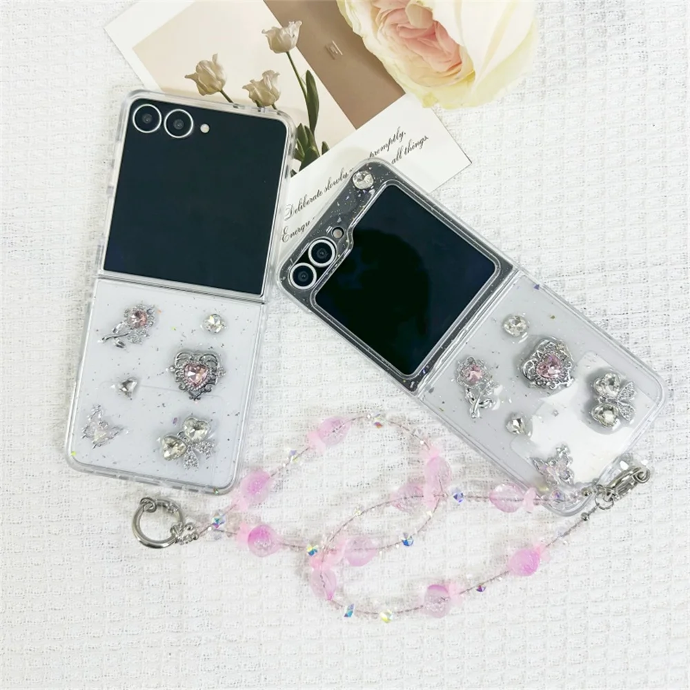 Glam Luxury Sparkly Pink Heart Gem Butterfly Phone Case for Samsung Galaxy Z Flip 7-3 Sweet Crystal Bead Strap Protective Cover