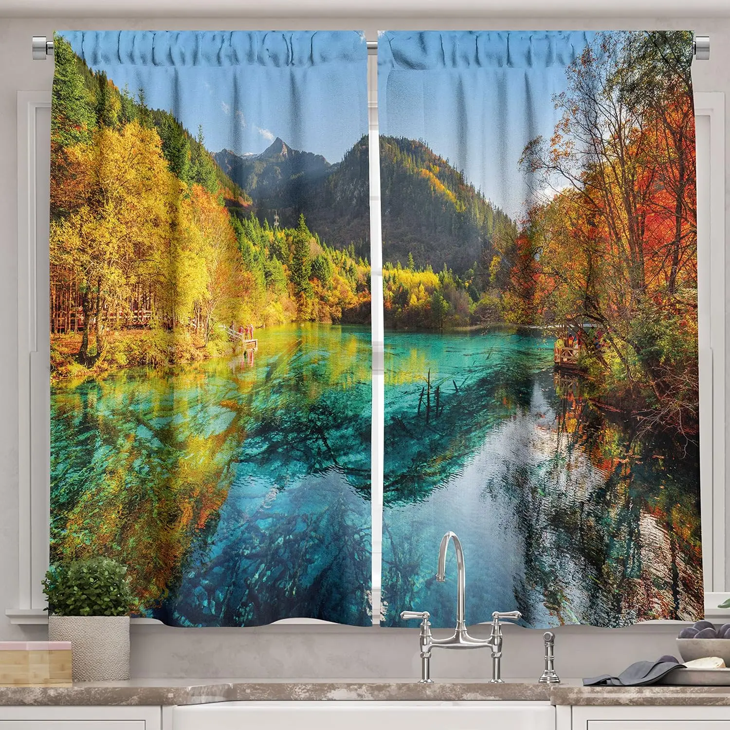 Autumn Landscape Window Curtains Fall Foliage Lake Mountain Print Nature Scenery Decor for Living Room